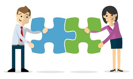 Web or print illustration of Vector of a businessman and business woman joining puzzlesのイラスト素材