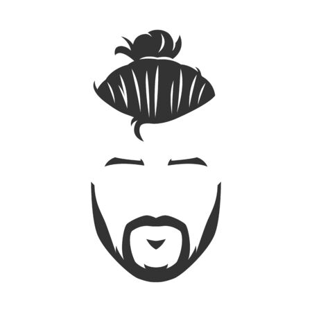 Vector hipster man bearded face with bun black and whiteのイラスト素材