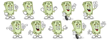 Vector money character design or money mascot, perfect for logo, dollar bill mascot set packのイラスト素材
