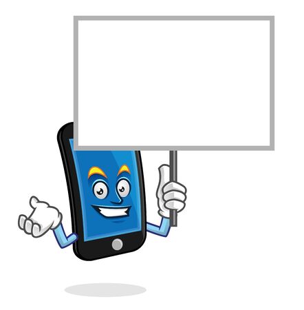 Vector smart phone character design or smart phone mascot, blank sign, blank board, white board signのイラスト素材