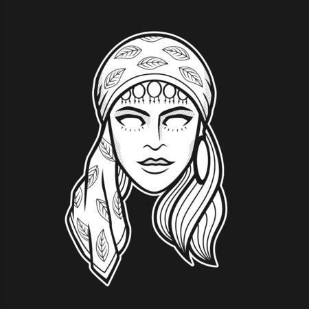Black and white vector illustration of gypsy woman headのイラスト素材