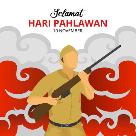 Hari pahlawan or Indonesia heroes day background with soldier holding weapon illustrationのイラスト素材