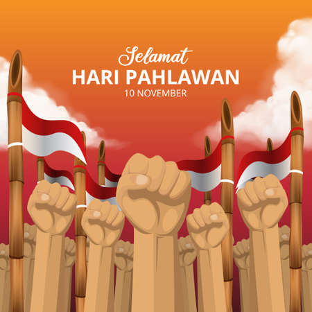 Hari pahlawan nasional or Indonesia heroes day background with fist and sharpen bamboo illustrationのイラスト素材