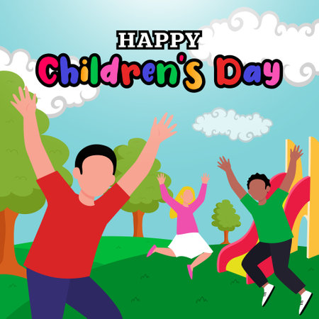 Happy children's day background with children playing at playground illustrationのイラスト素材