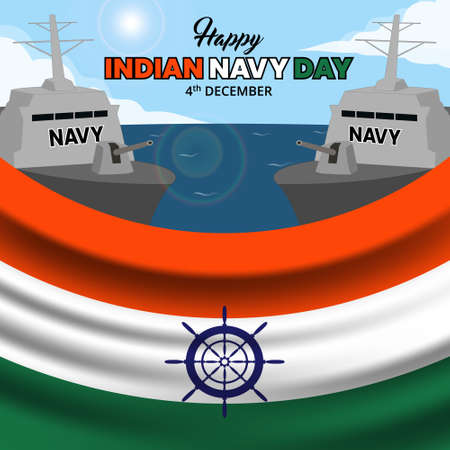 Happy Indian navy day background with two naval ships on the sea with flagのイラスト素材