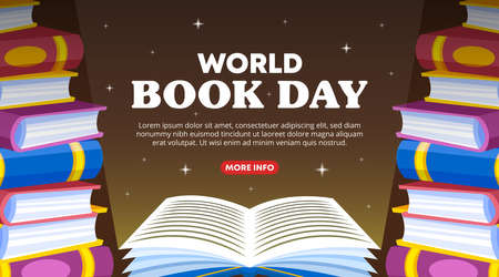 World book day banner with a shining opened book and stack of booksのイラスト素材