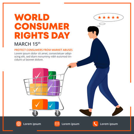 World consumer rights day banner design with a man satisfied doing shoppingのイラスト素材