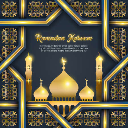 Ramadan Kareem background design with shining gold mosque and decorationsのイラスト素材