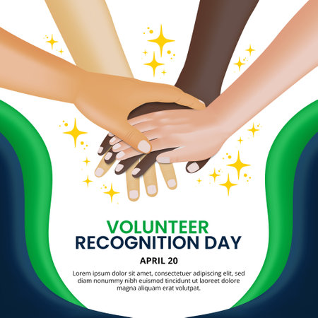 Volunteer recognition day background with stacking hands of volunteersのイラスト素材