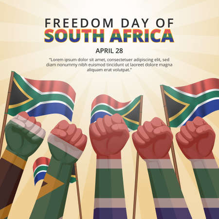 Freedom day of South Africa Background with spirited raised hands of the people and flagsのイラスト素材