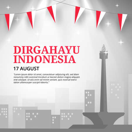 Dirgahayu Indonesia or Indonesia independence day background with flag decoration and illustration of buildings on gray colorのイラスト素材