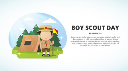 Boy scout day background with a scout boy in summer campのイラスト素材