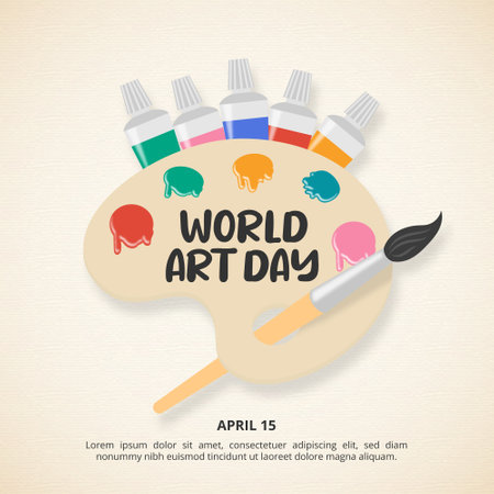 Square world art day background with a paint palette and brushのイラスト素材