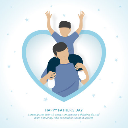 Square fathers day background with a father holding up the son in a shaped love frameのイラスト素材