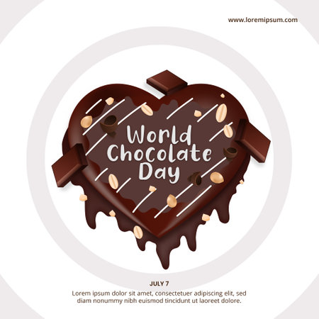 Square world chocolate day background with a delicious chocolate nut cake on a plateのイラスト素材