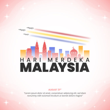 Square Hari Merdeka Malaysia or Independence Day of Malaysia background with colorful silhouette buildingsのイラスト素材