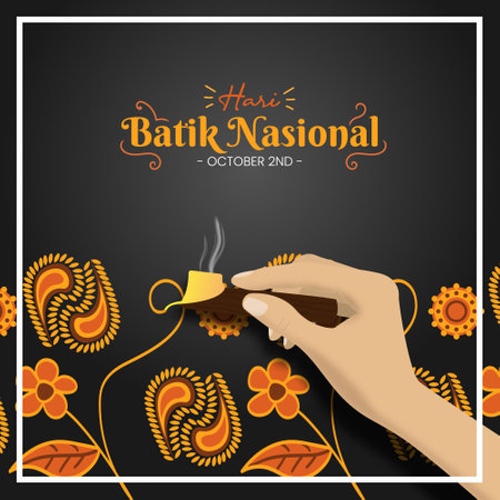 Square Hari Batik Nasional or National Batik Day background with a hand doing batikのイラスト素材