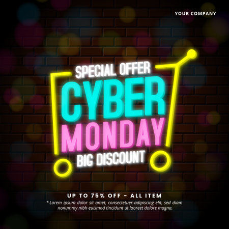 Square Cyber Monday Sale banner with neon-style text with a shopping cartのイラスト素材