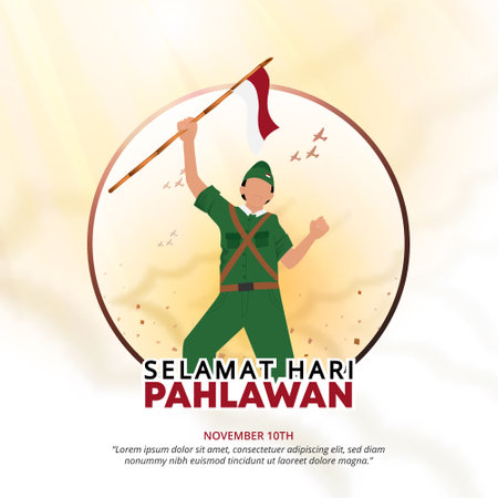 Square Selamat Hari Pahlawan Nasional or Happy Indonesia Heroes Day background with a hero holding a flagのイラスト素材