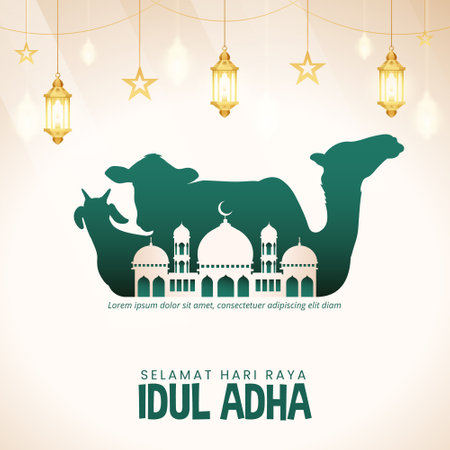 Selamat Hari Raya Idul Adha or Happy Eid Al Adha with animal silhouetteのイラスト素材