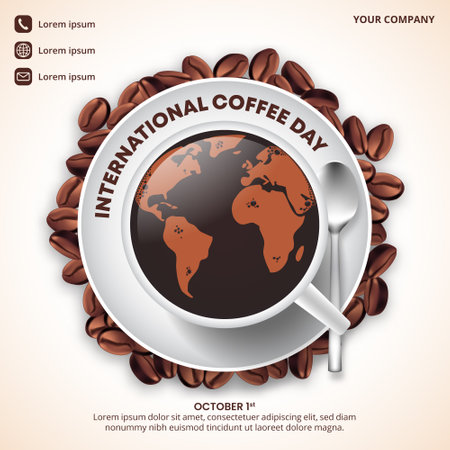 International Coffee Day background with a cup of coffee and coffee beansのイラスト素材