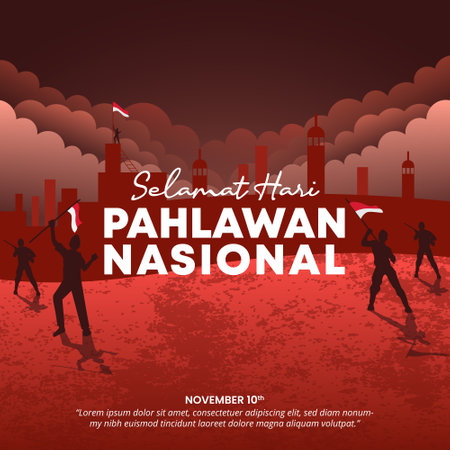 Hari Pahlawan Nasional Indonesia or Indonesian National Heroes Day with a silhouette of heroes on a battlefieldのイラスト素材