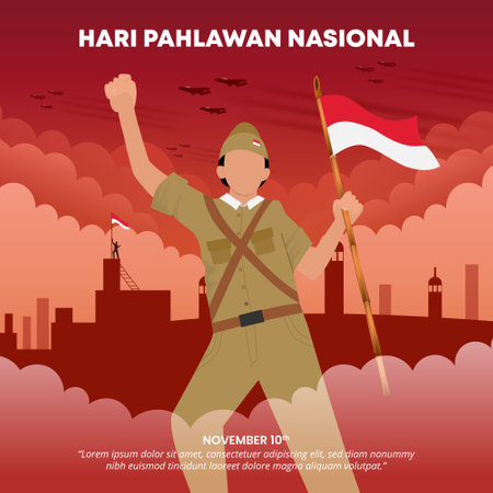Hari Pahlawan Nasional Indonesia or Indonesian National Heroes Day with a hero holding a flagのイラスト素材