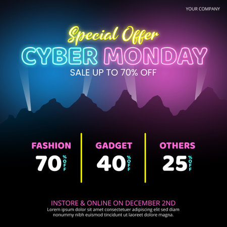 Cyber Monday Sale banner with neon style textのイラスト素材
