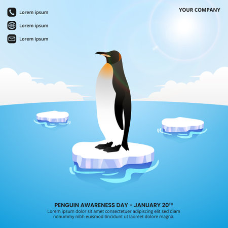 Penguin Awareness Day banner with a penguin standing on melted iceのイラスト素材