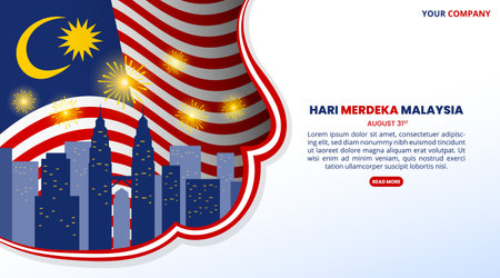 Hari Merdeka Malaysia or Malaysia Independence Day with buildings and a flagのイラスト素材