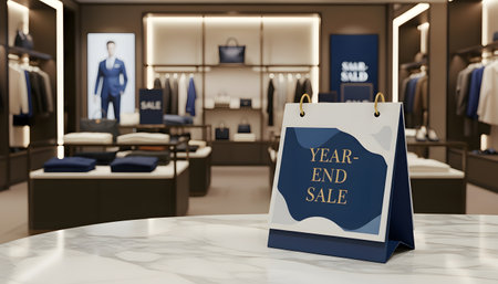 Year end sale banner displayed on a marble table in an outlet room with a promotional discountの素材