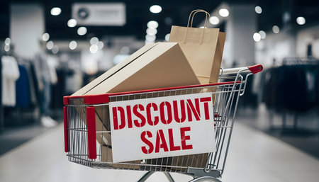 Shopping cart packed with boxes and bags presented in a blurred outlet mall environmentの素材
