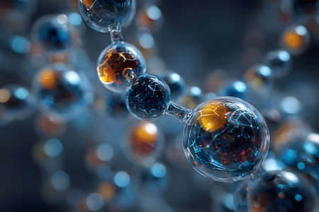 Abstract scientific nanotechnology scene where atomic level particles are displayed in a colorful harmonious compositionの素材