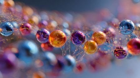 Colorful atomic particles in nanotechnology imagery are shown forming a smooth abstract scientific patternの素材