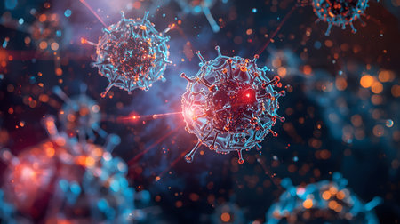 Nanotechnology arrangement where bright colorful particles are displayed in a balanced flowing abstract scientific sceneの素材