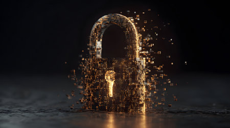 Glowing holographic padlock dissolves into digital pixels creating striking modern security imageryの素材
