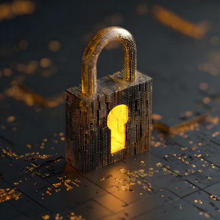 Holographic lock icon dissolves into floating pixels across dark futuristic security backgroundの素材