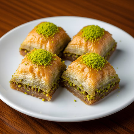 Traditional baklava dessert is presented on a white plate placed on brown wooden tableの素材