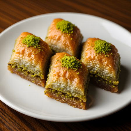Delicate baklava slices are served on a white plate set neatly on brown wooden tableの素材