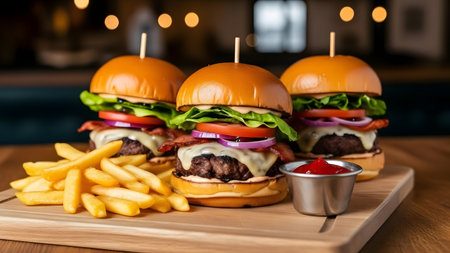 Gourmet Smash Burgers with Crispy French Fries Create a Flavorful Scene on a Rustic Wood Tableの素材