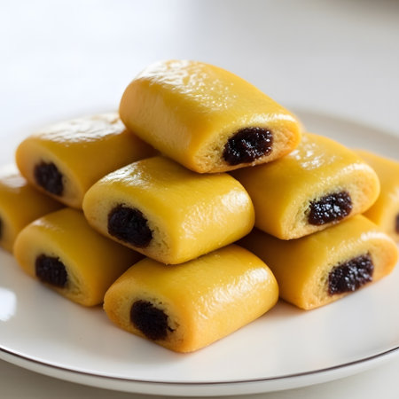 Makrout is arranged in a tall stack on bright white plate showing warm sweet pastry textureの素材