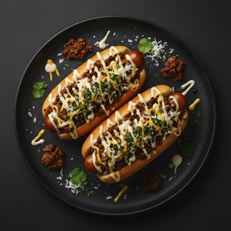 Loaded gourmet hot dogs are placed on a black plate with colorful toppings shownの素材