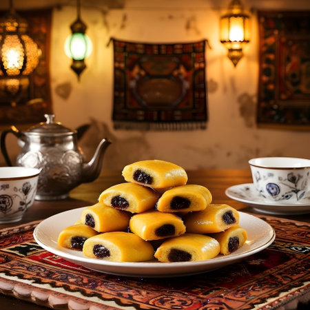 Makrout is presented stacked on clean white plate showing warm middle eastern dessert styleの素材