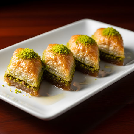 Golden baklava pastry is arranged on a white plate resting on brown wooden table surfaceの素材