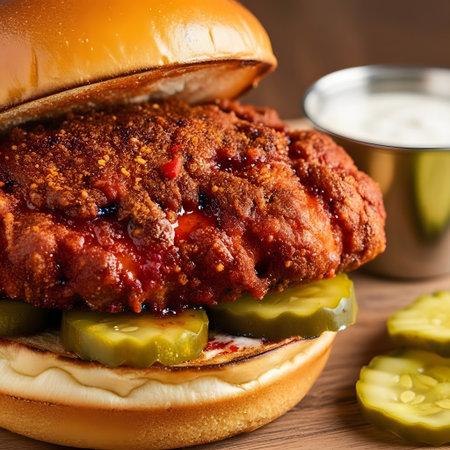 Nashville hot chicken served with burger bun and pickles in a warm rustic styleの素材