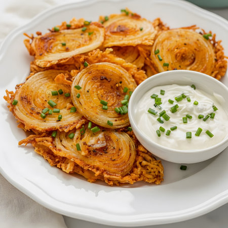 2 ingredient onion chips were served on a white plate in a clean close up food presentationの素材