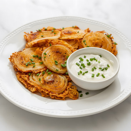 Crispy 2 ingredient onion chips displayed on a white plate showing a bright and clean food lookの素材