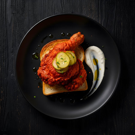 Nashville hot chicken placed with toast on a dark plate on a black wood tableの素材
