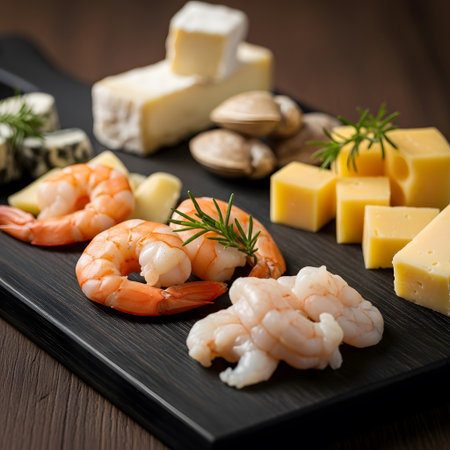 Seacuterie board arranged on a dark plate creating a charming seafood presentationの素材