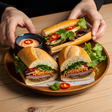 Neatly placed Banh mi sandwiches on a wood plate displaying a bright Asian arrangementの素材